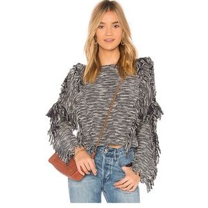MISA Los Angeles Navy White Marled Karine Fringe Frayed Cropped Sweater Small